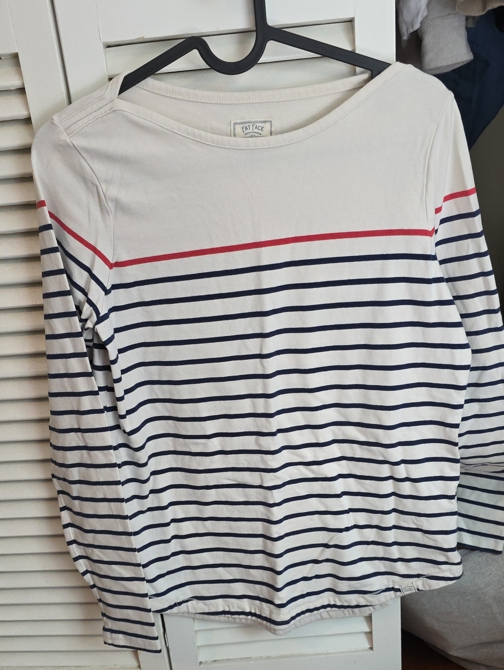Fat Face White Long Sleeve Breton Tee with Navy & Red Stripes